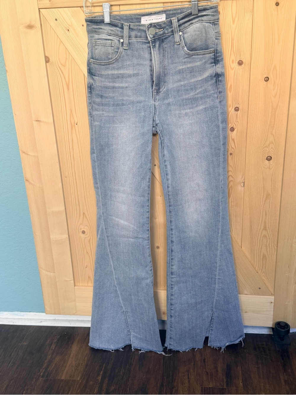 Risen High-Rise Flare Jeans with Front Slit